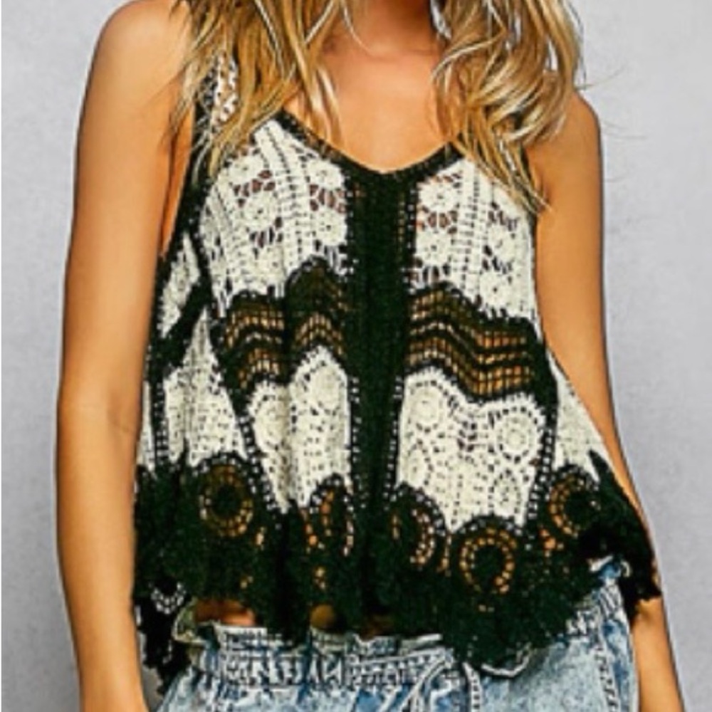 POL Black and Cream Crochet Tank Top